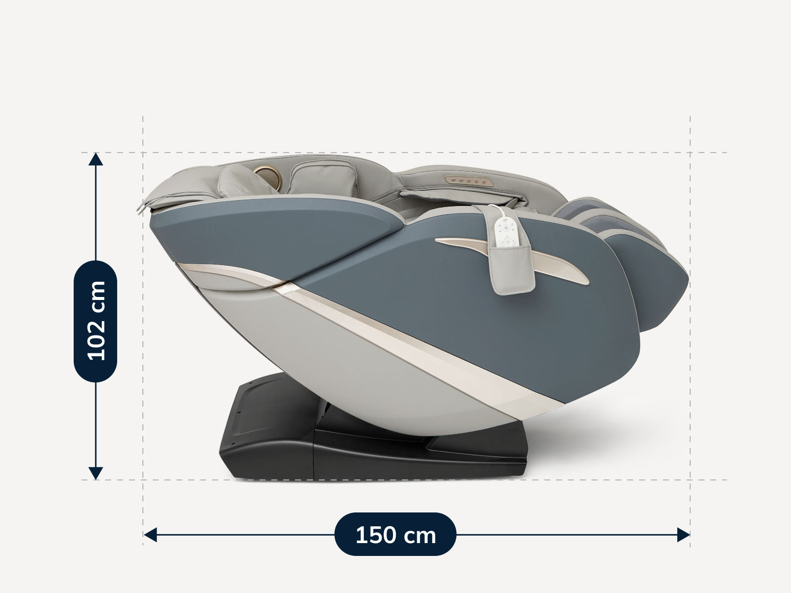 Fotel Rio w pozycji leżącej Zero Gravity z oznaczonymi wymiarami